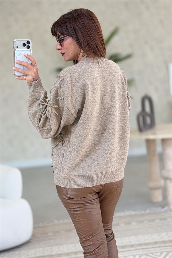 Fiyonklu Sıfır Yaka Premium Kazak Camel Renk