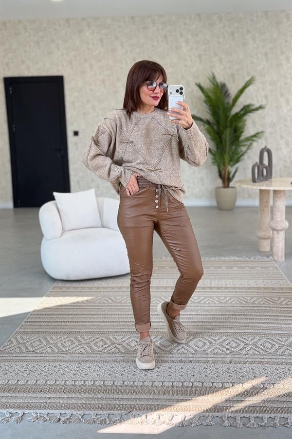 Fiyonklu Sıfır Yaka Premium Kazak Camel Renk