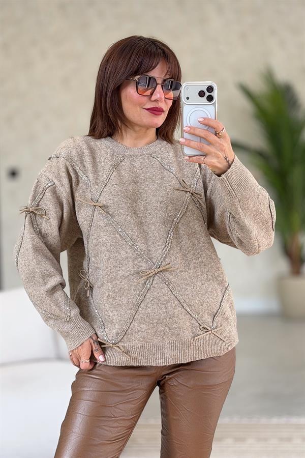 Fiyonklu Sıfır Yaka Premium Kazak Camel Renk