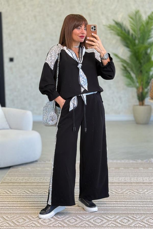 Fular Detaylı İnce Fitilli Pamuklu Alt Üst Takım Siyah Renk