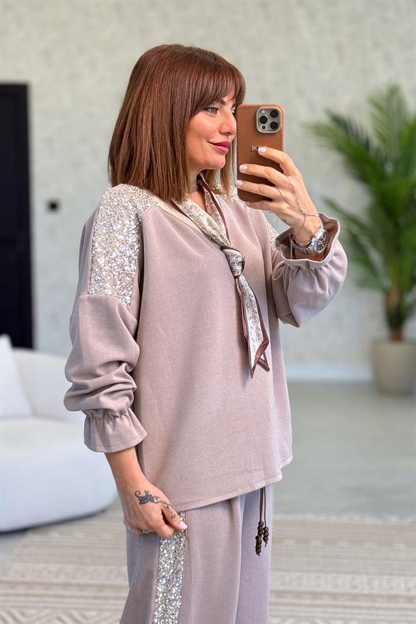 Fular Detaylı İnce Fitilli Pamuklu Alt Üst Takım Vizon Renk