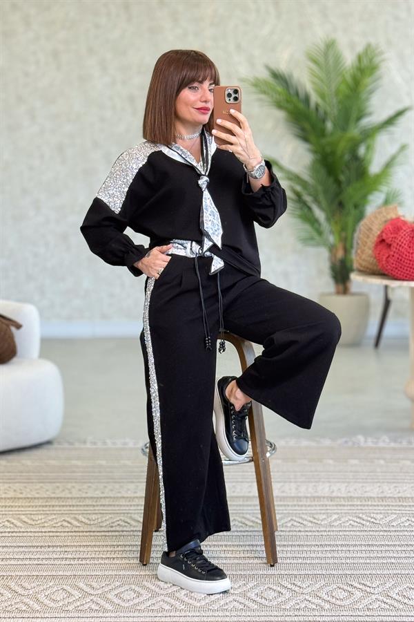 Fular Detaylı İnce Fitilli Pamuklu Alt Üst Takım Siyah Renk