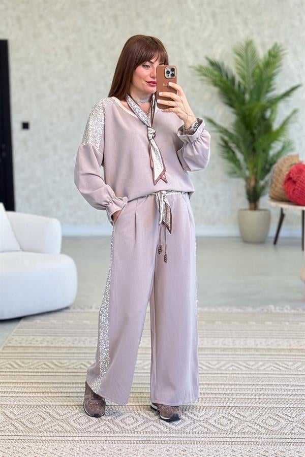 Fular Detaylı İnce Fitilli Pamuklu Alt Üst Takım Vizon Renk