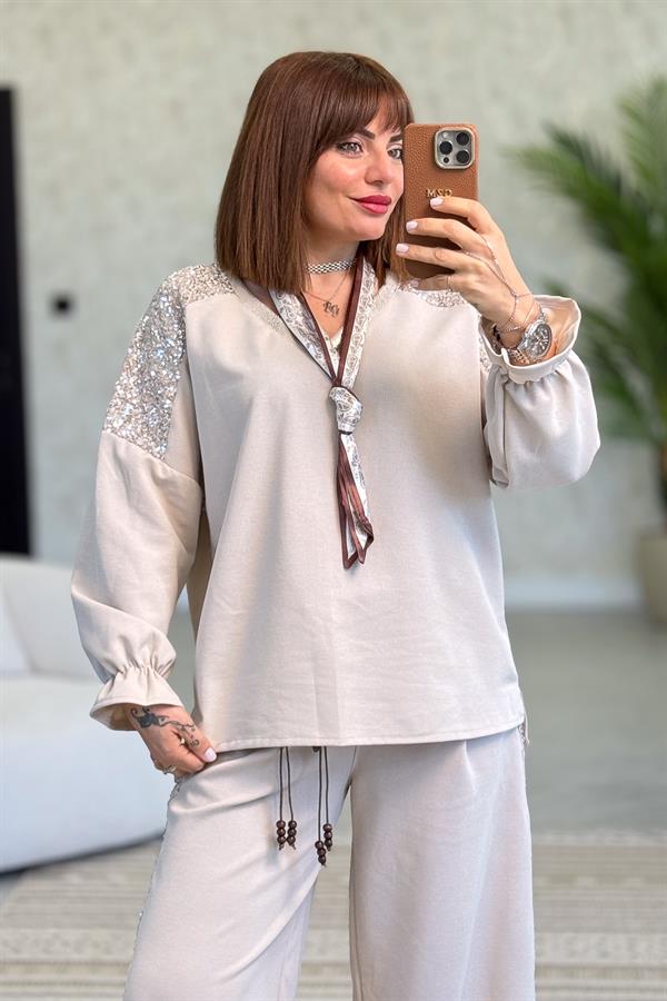 Fular Detaylı İnce Fitilli Pamuklu Alt Üst Takım Bej Renk