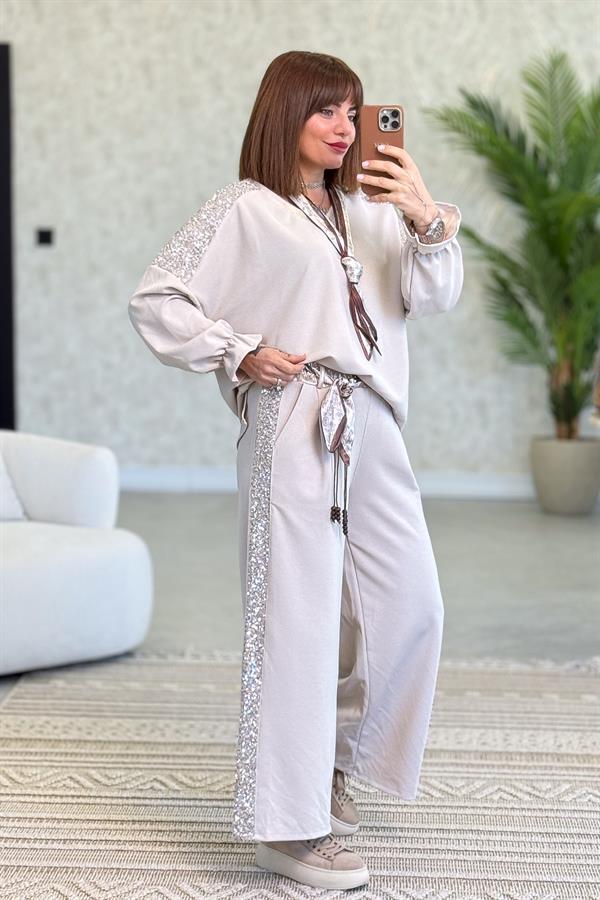 Fular Detaylı İnce Fitilli Pamuklu Alt Üst Takım Bej Renk