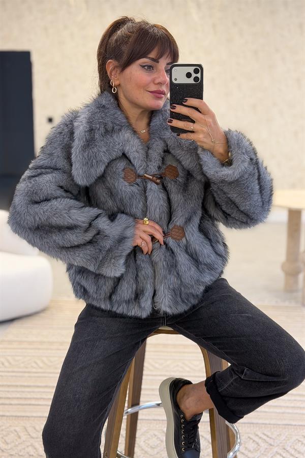 Geniş Yakalı Kısa Kürk Gri Renk