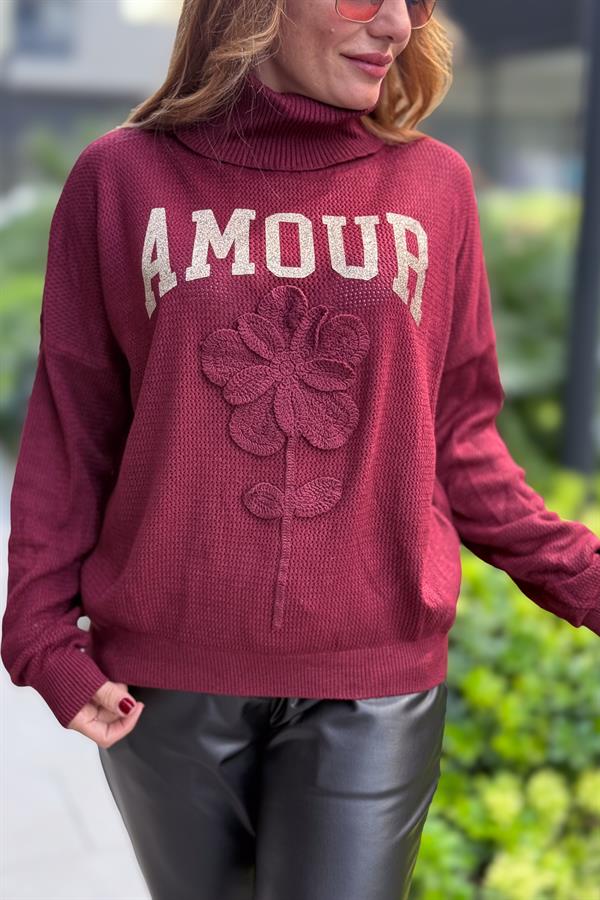 Gold Amour Yazılı Gül Kabartmalı Degaje Yaka Triko Bordo Renk