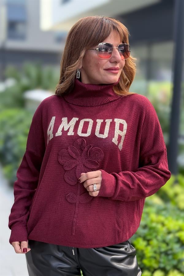 Gold Amour Yazılı Gül Kabartmalı Degaje Yaka Triko Bordo Renk