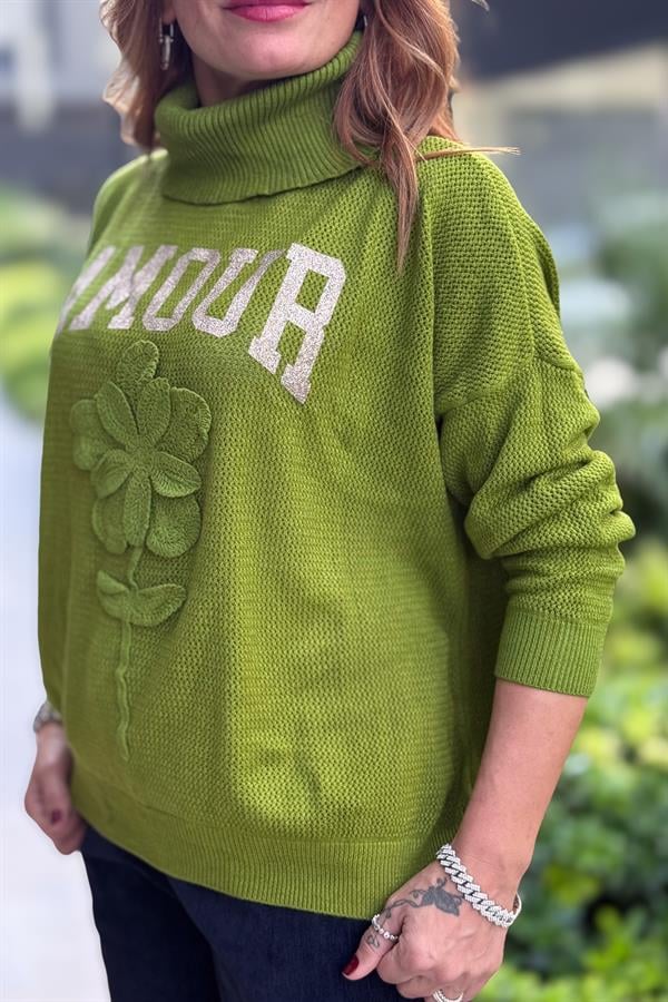 Gold Amour Yazılı Gül Kabartmalı Degaje Yaka Triko Fıstık Yeşil Renk
