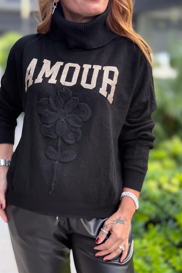 Gold Amour Yazılı Gül Kabartmalı Degaje Yaka Triko Siyah Renk
