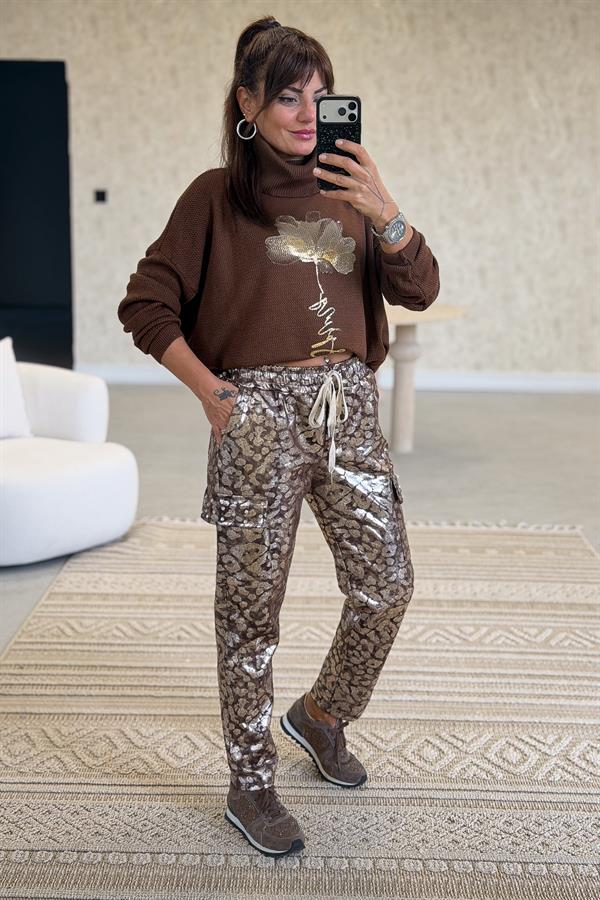 Gold Çiçek Baskılı Degaje Yaka Merserize Triko Taba Renk