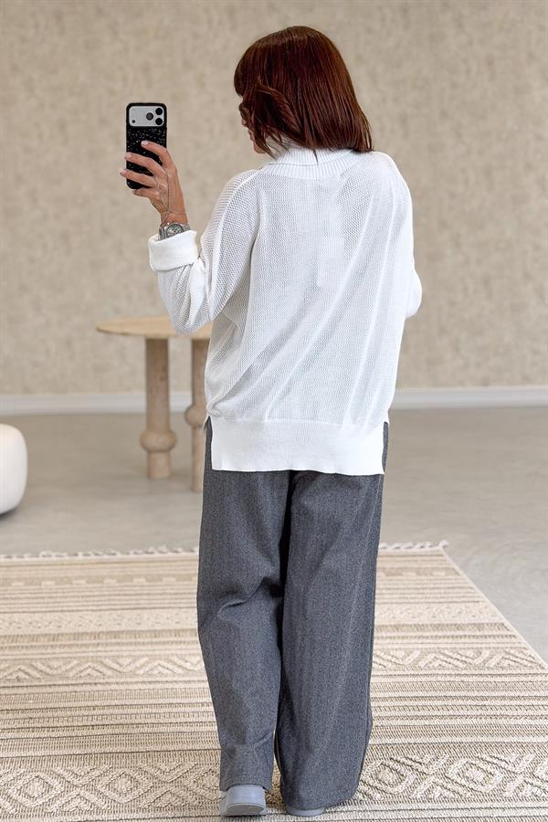 Gold Çiçek Baskılı Degaje Yaka Merserize Triko Beyaz Renk