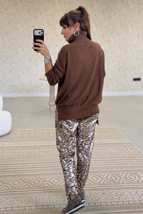 Gold Çiçek Baskılı Degaje Yaka Merserize Triko Taba Renk