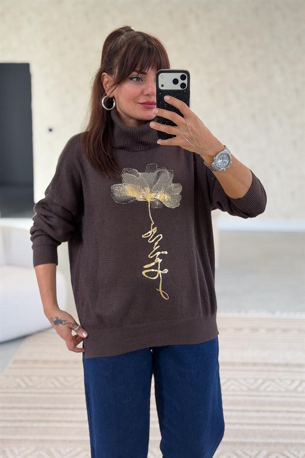 Gold Çiçek Baskılı Degaje Yaka Merserize Triko Kahverengi Renk