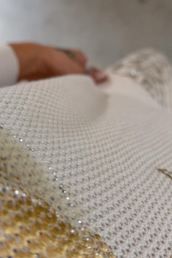 Gold Çiçek Baskılı Degaje Yaka Merserize Triko Bej Renk