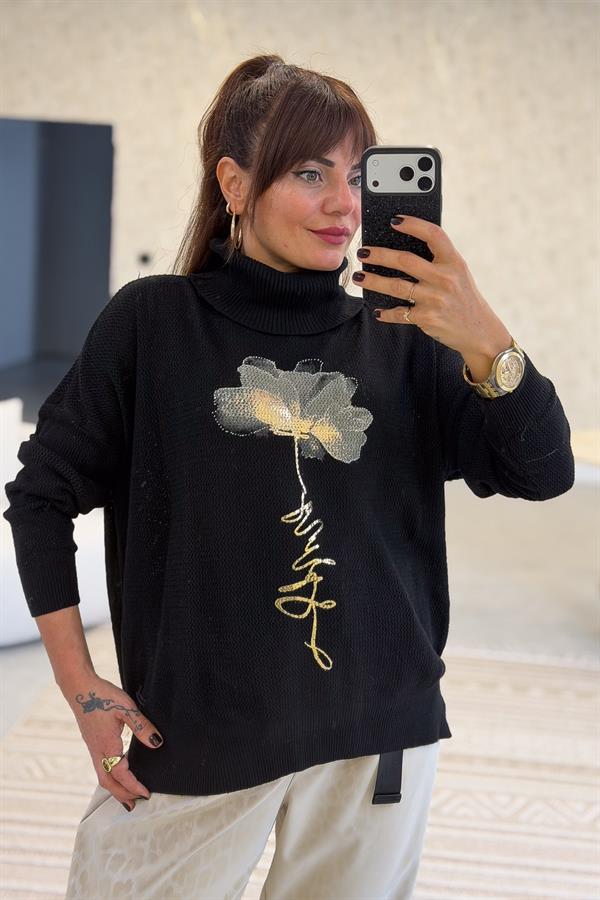 Gold Çiçek Baskılı Degaje Yaka Merserize Triko Siyah Renk