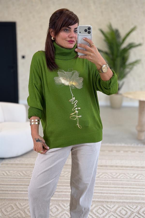 Gold Çiçek Baskılı Degaje Yaka Merserize Triko Fıstık Yeşil Renk