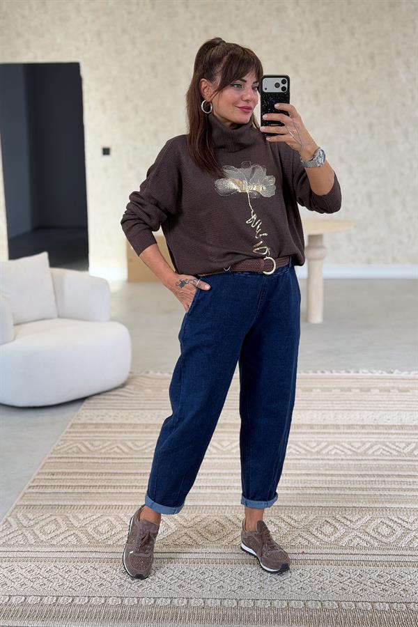 Gold Çiçek Baskılı Degaje Yaka Merserize Triko Kahverengi Renk