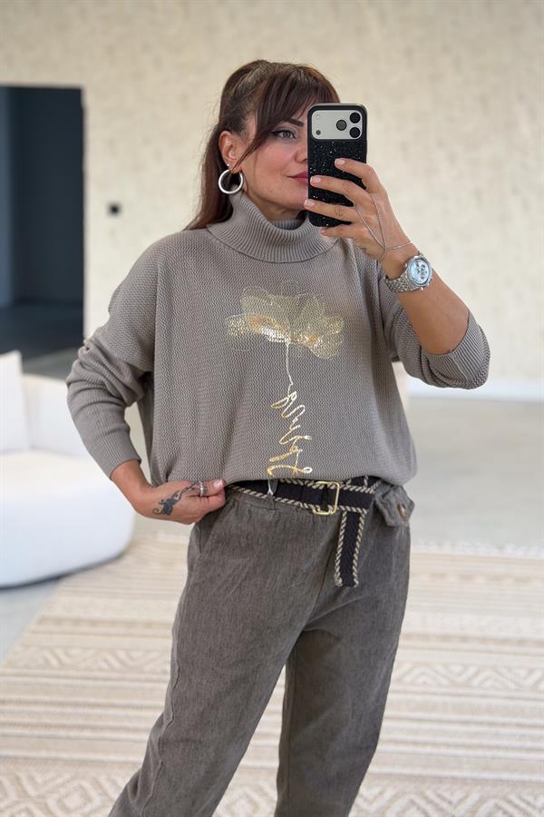 Gold Çiçek Baskılı Degaje Yaka Merserize Triko Vizon Renk