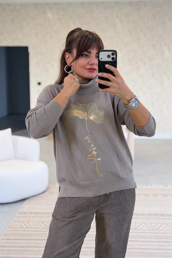 Gold Çiçek Baskılı Degaje Yaka Merserize Triko Vizon Renk