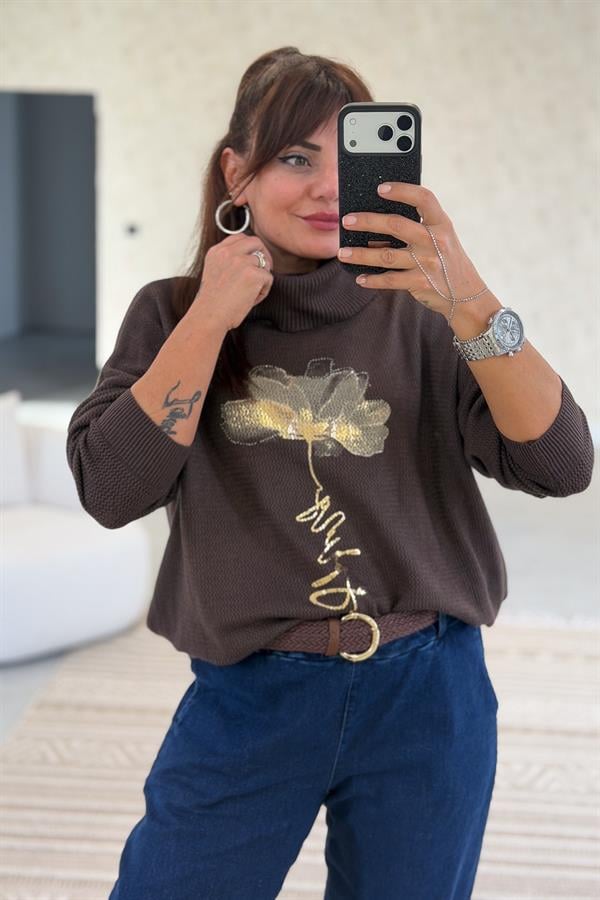 Gold Çiçek Baskılı Degaje Yaka Merserize Triko Kahverengi Renk