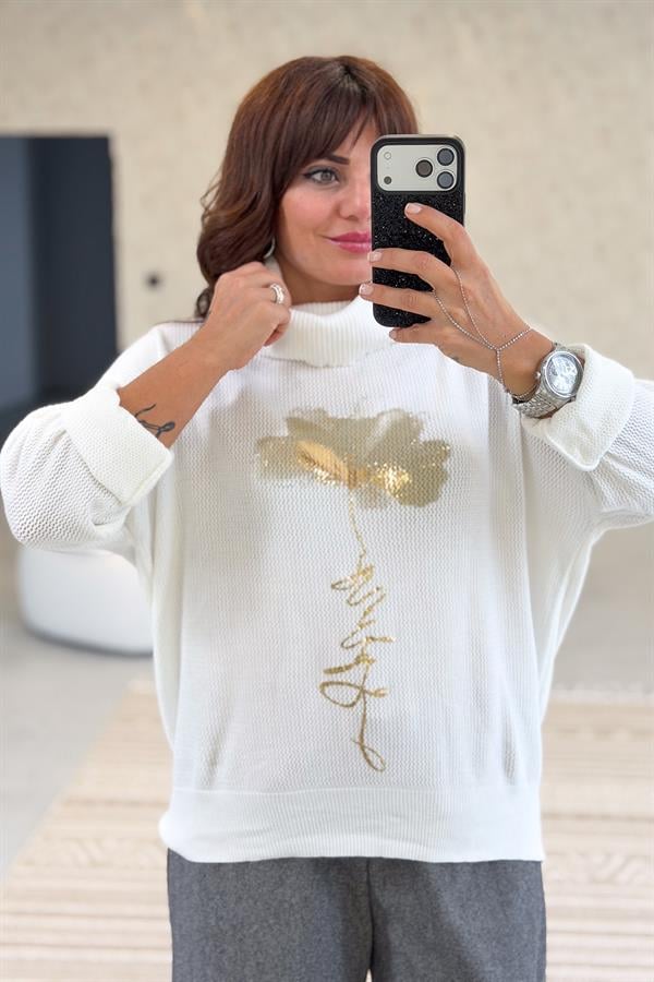 Gold Çiçek Baskılı Degaje Yaka Merserize Triko Beyaz Renk