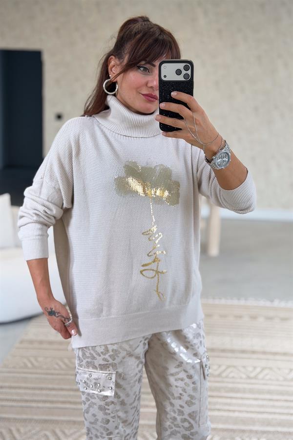 Gold Çiçek Baskılı Degaje Yaka Merserize Triko Bej Renk