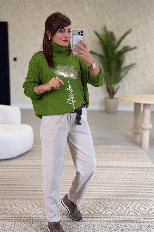 Gold Çiçek Baskılı Degaje Yaka Merserize Triko Fıstık Yeşil Renk