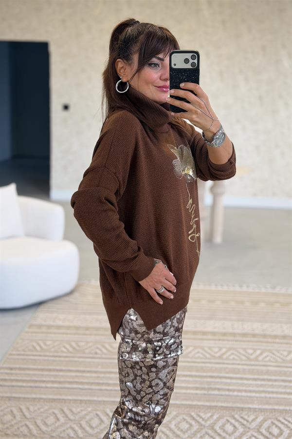 Gold Çiçek Baskılı Degaje Yaka Merserize Triko Taba Renk