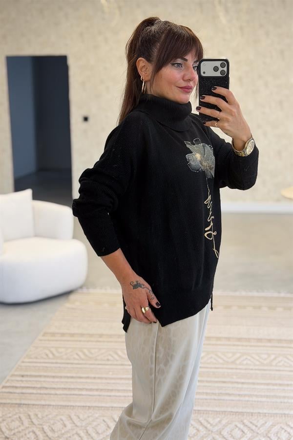 Gold Çiçek Baskılı Degaje Yaka Merserize Triko Siyah Renk