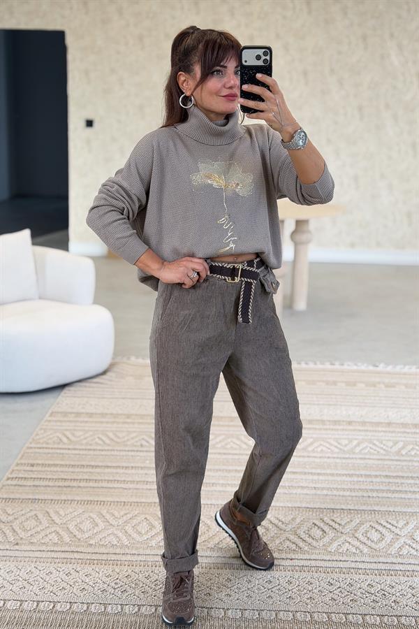 Gold Çiçek Baskılı Degaje Yaka Merserize Triko Vizon Renk