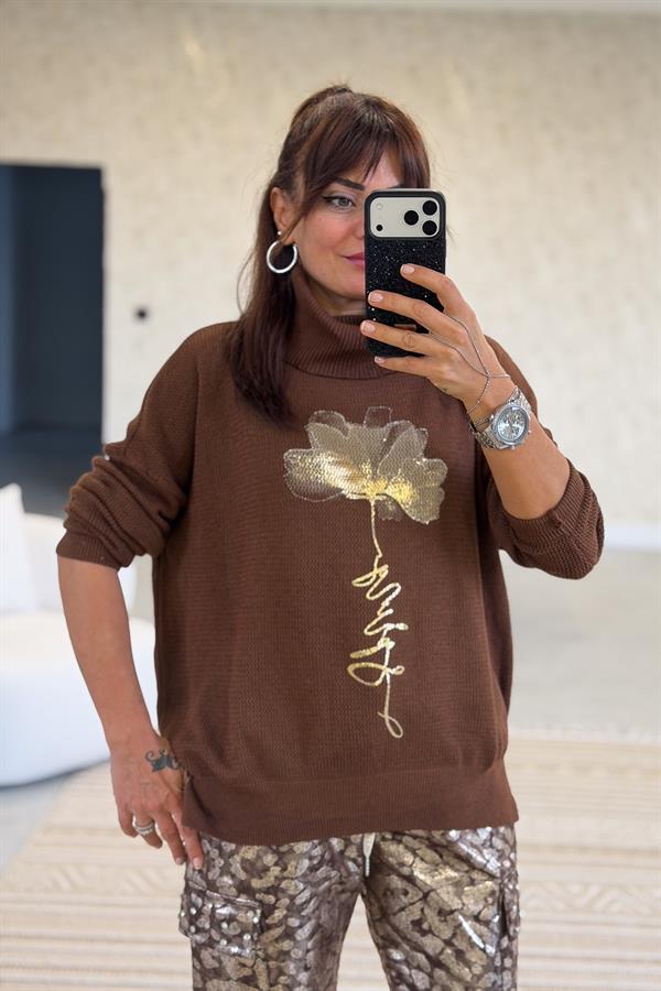 Gold Çiçek Baskılı Degaje Yaka Merserize Triko Taba Renk