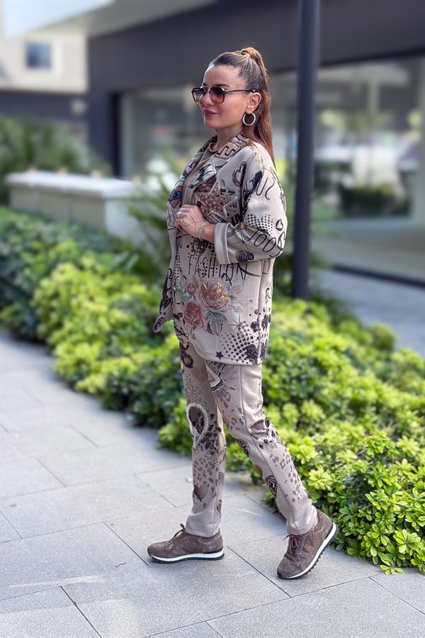 Gold Desen Baskılı Modal Blazer Ceket Vizon Renk