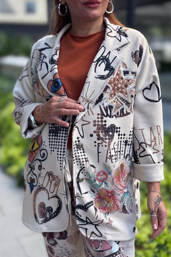 Gold Desen Baskılı Modal Blazer Ceket Krem Renk