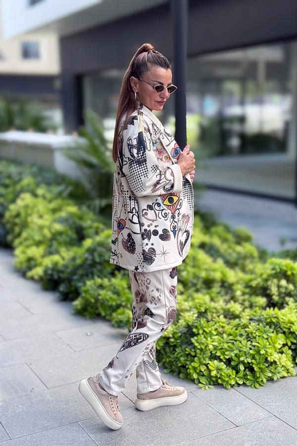 Gold Desen Baskılı Modal Pantolon Krem Renk