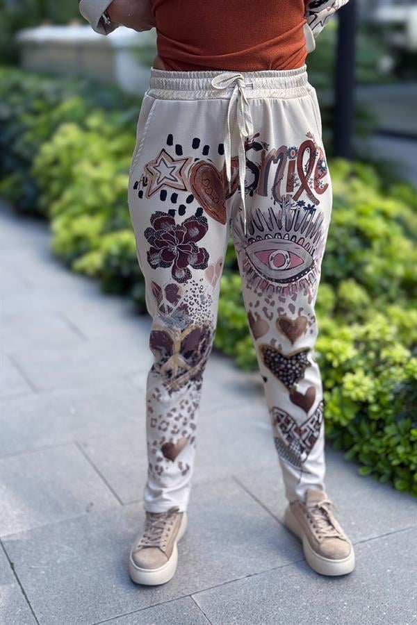 Gold Desen Baskılı Modal Pantolon Krem Renk