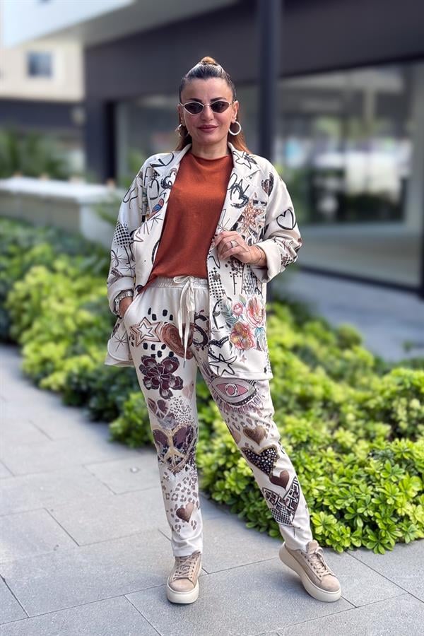 Gold Desen Baskılı Modal Pantolon Krem Renk