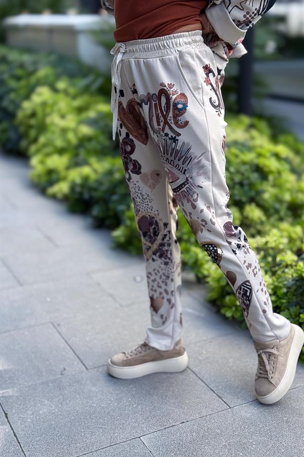 Gold Desen Baskılı Modal Pantolon Krem Renk