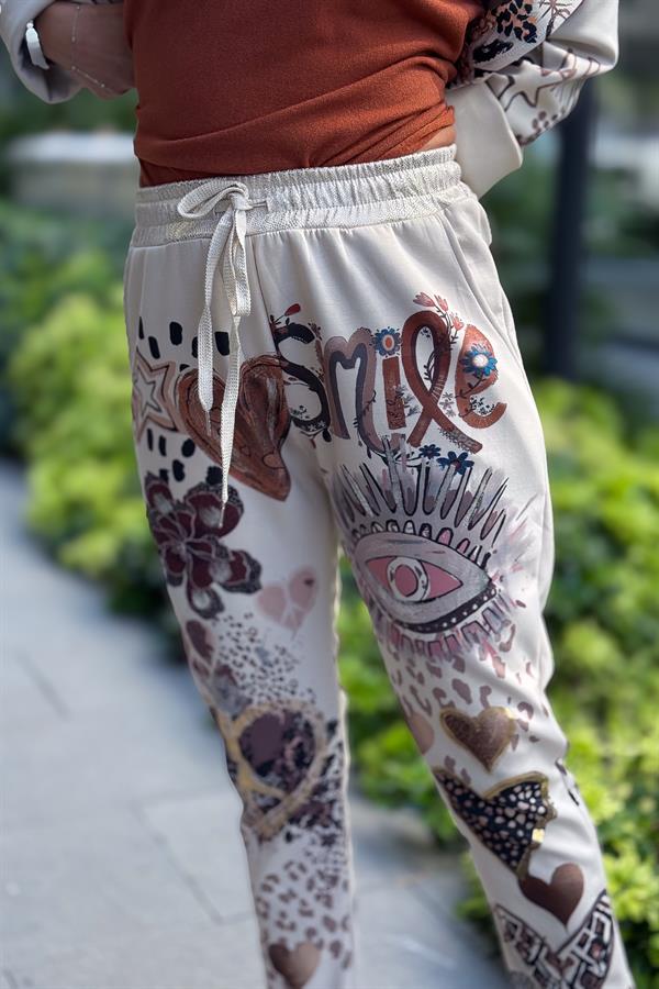 Gold Desen Baskılı Modal Pantolon Krem Renk