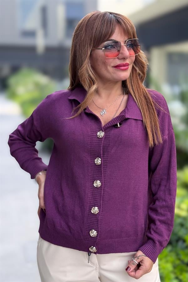 Gold Düğmeli Yakalı Triko Hırka Kazak Mürdüm Renk