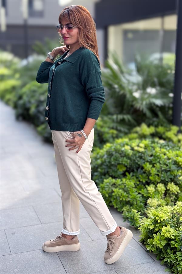 Gold Düğmeli Yakalı Triko Hırka Kazak Nefti Yeşil Renk