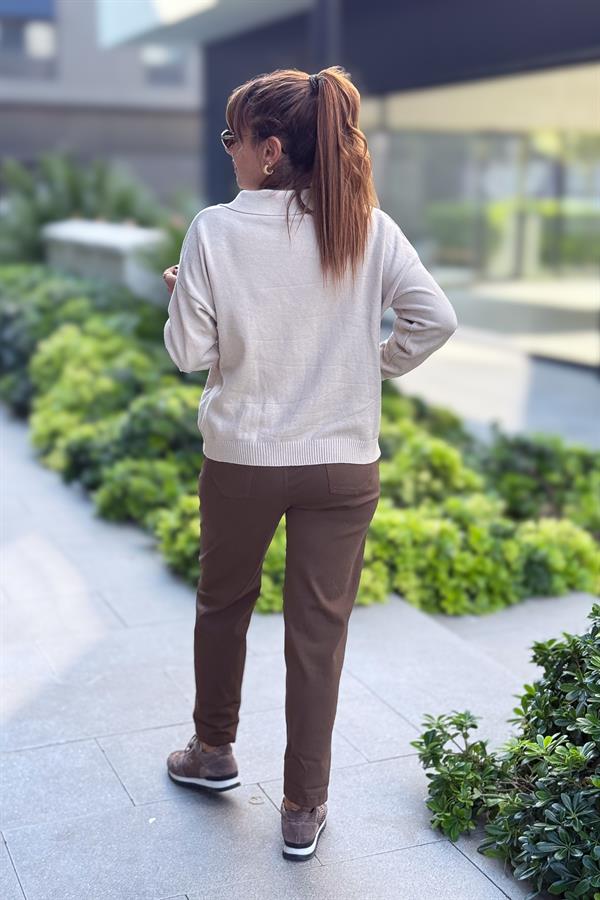 Gold Düğmeli Yakalı Triko Hırka Kazak Bej Renk