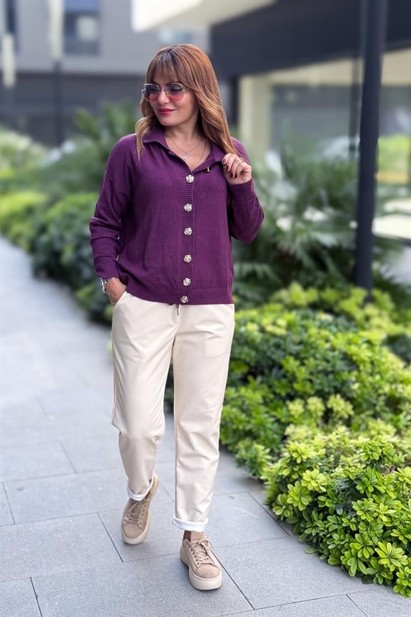 Gold Düğmeli Yakalı Triko Hırka Kazak Mürdüm Renk