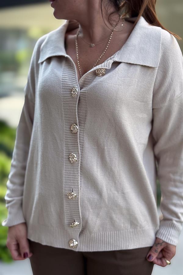 Gold Düğmeli Yakalı Triko Hırka Kazak Bej Renk