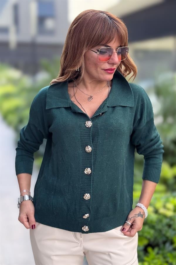 Gold Düğmeli Yakalı Triko Hırka Kazak Nefti Yeşil Renk