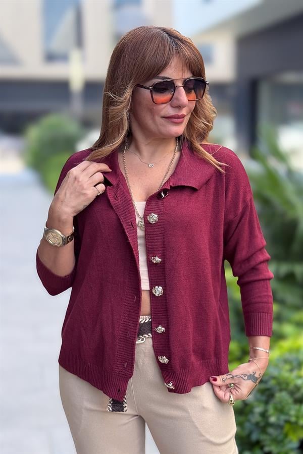 Gold Düğmeli Yakalı Triko Hırka Kazak Bordo Renk