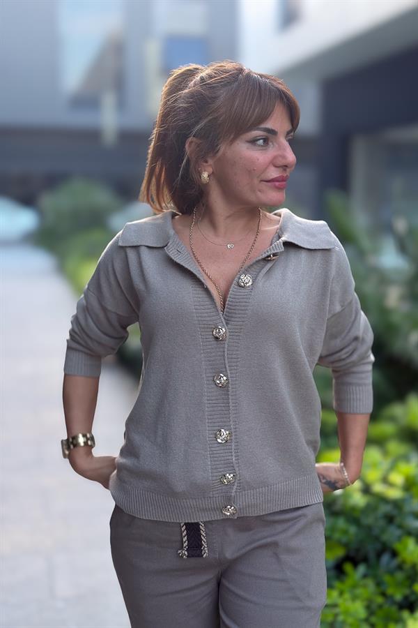 Gold Düğmeli Yakalı Triko Hırka Kazak Vizon Renk