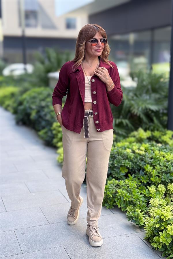 Gold Düğmeli Yakalı Triko Hırka Kazak Bordo Renk