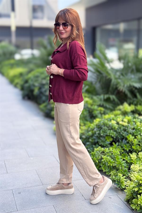 Gold Düğmeli Yakalı Triko Hırka Kazak Bordo Renk