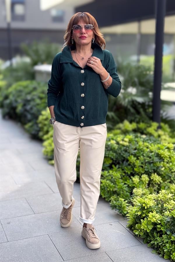 Gold Düğmeli Yakalı Triko Hırka Kazak Nefti Yeşil Renk